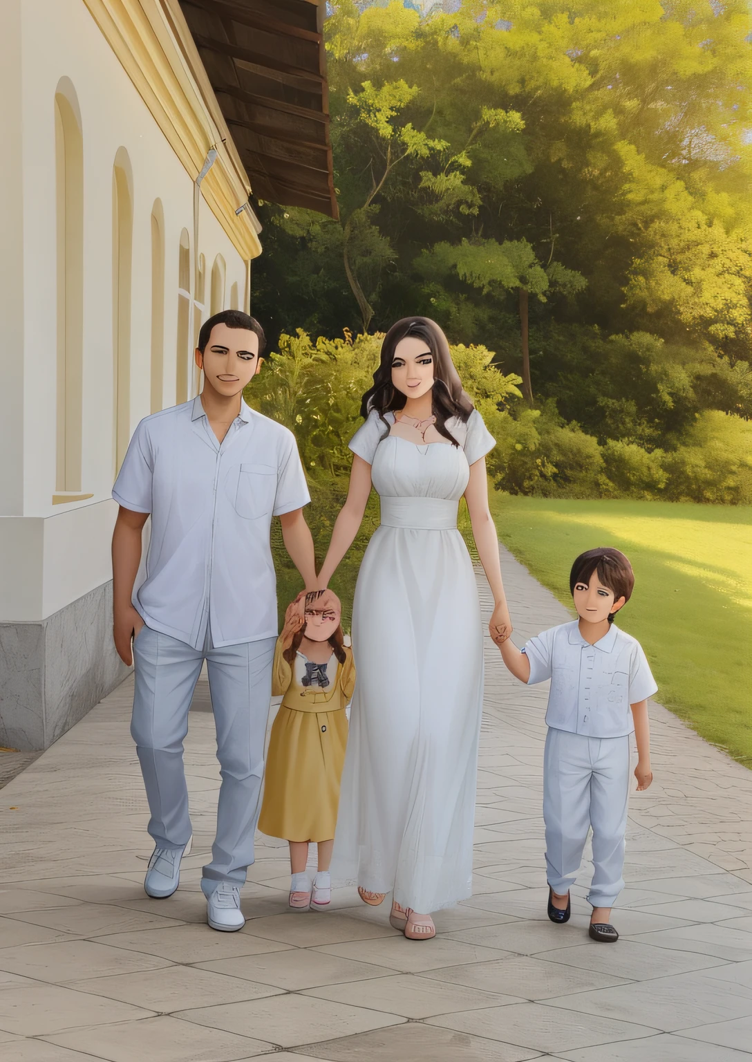 Araffe family walking down a sidewalk holding hands, Malika Favre, marido esposa e filho, Directed by: Nandor Soldier, foto 85mm, imagem retrato, by Almeida Júnior, family photography, 7 0 mm portrait, of a family standing in a park, Happy family, inspirado em Samuel Silva, fami, andrea rocha