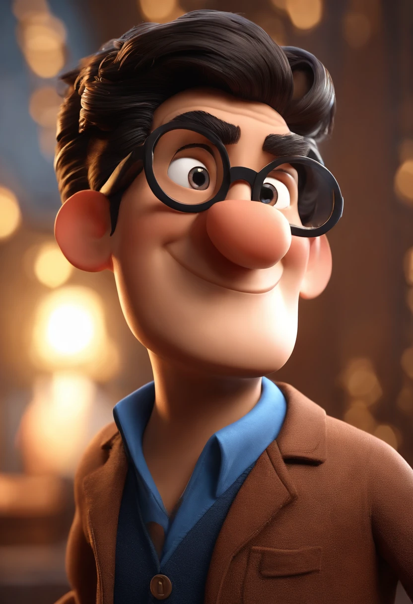 Cartoon character of a man wearing black glasses and a blue shirt, um personagem animado, Caractere estilizado, animation style rendering, 3D estilizado, Arnold Maya render, 3 d render stylized, toon render keyshot, Personagem 3D, Personagem 3D, 3d rendering stylized, 3 d character render, personagem de desenho animado, Personagem de close up, Pose de personagem, (Estilo Pixar) (master part:1.2) (Bokeh) (best quality) (pele detalhada) (textura detalhada) (8k) (argila) (Cinematic lighting) (foco nítido,Senta e vaza a parte superior do corpo