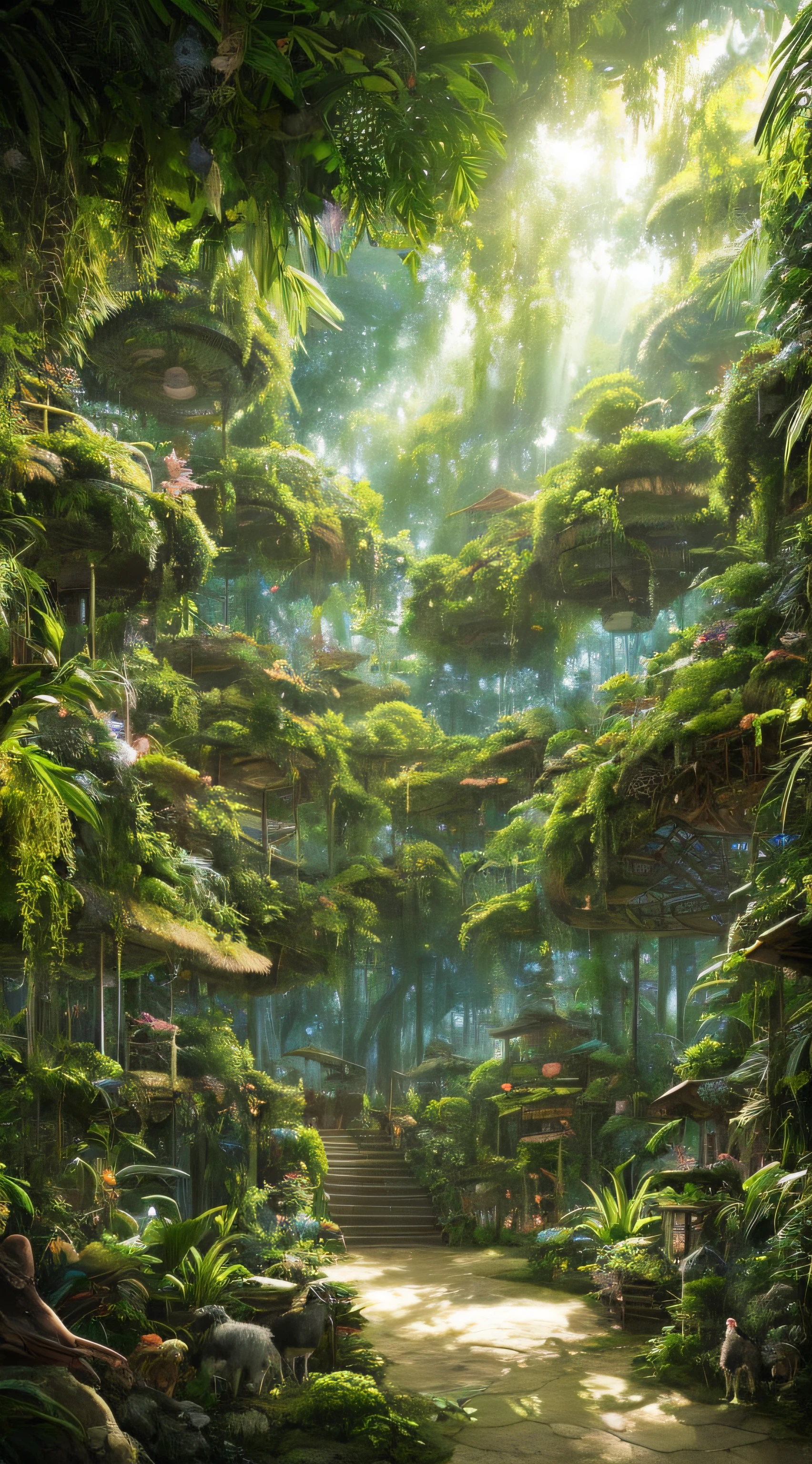 Detailed and intricate digital illustration of dense jungle full of exotic plants and animals,Sunlight filters through the canopy to create a mottled effect。The style of Yoshitaka Amano and Hayao Miyazaki,log cabin,A husky,A flock of sheep,tmasterpiece,proportionate,the detail,trends in art station,beautiful light up,realisticlying,复杂,Award-Awarded,4K,Awarded for the highest quality,4K digital painting in the style of Yoshitaka Amano。A detailed and complex depiction of the zombie apocalypse,The chaos and drama of the scene is subtly captured。Beautiful lighting and cinematic composition make this piece a true masterpiece,Popular on artstation