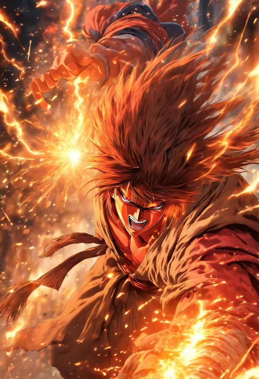 Rurouni Kenshin Attack his enemy  (in a Firestorm with lighting thunder vfx around), masterpiece, best quality, ultra quality, absurd details, best light, best shadow, sharp, sharp picture, detailed face, detailed eyes, detailed hair, detailed, extremely detailed, great resolution, 8k, 4k, uhd, ray tracing, beautiful effects, image of (full body)