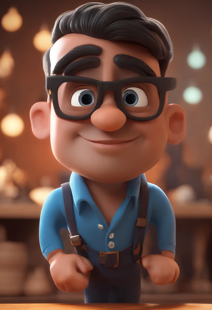 Cartoon character of a man with black glasses and a blue shirt, animation character, Caractere estilizado, animation style rendering, 3D estilizado, Arnold Maya render, 3 d render stylized, toon render keyshot, Personagem 3D, Personagem 3D, 3d rendering stylized, 3 d character render, personagem de desenho animado, Personagem de close up, Pose de personagem,  (Estilo Pixar) (master part:1.2) (Bokeh) (best quality) (pele detalhada) (textura detalhada) (8k) (argila) (Cinematic lighting) (foco nítido