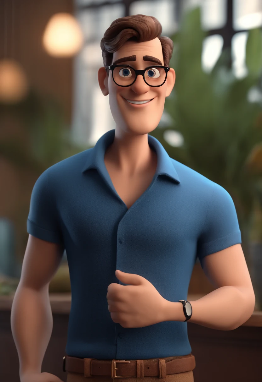 Cartoon character of a man with black glasses and a blue shirt, animation character, Caractere estilizado, animation style rendering, 3D estilizado, Arnold Maya render, 3 d render stylized, toon render keyshot, Personagem 3D, Personagem 3D, 3d rendering stylized, 3 d character render, personagem de desenho animado, Personagem de close up, Pose de personagem,  (Estilo Pixar) (master part:1.2) (Bokeh) (best quality) (pele detalhada) (textura detalhada) (8k) (argila) (Cinematic lighting) (foco nítido