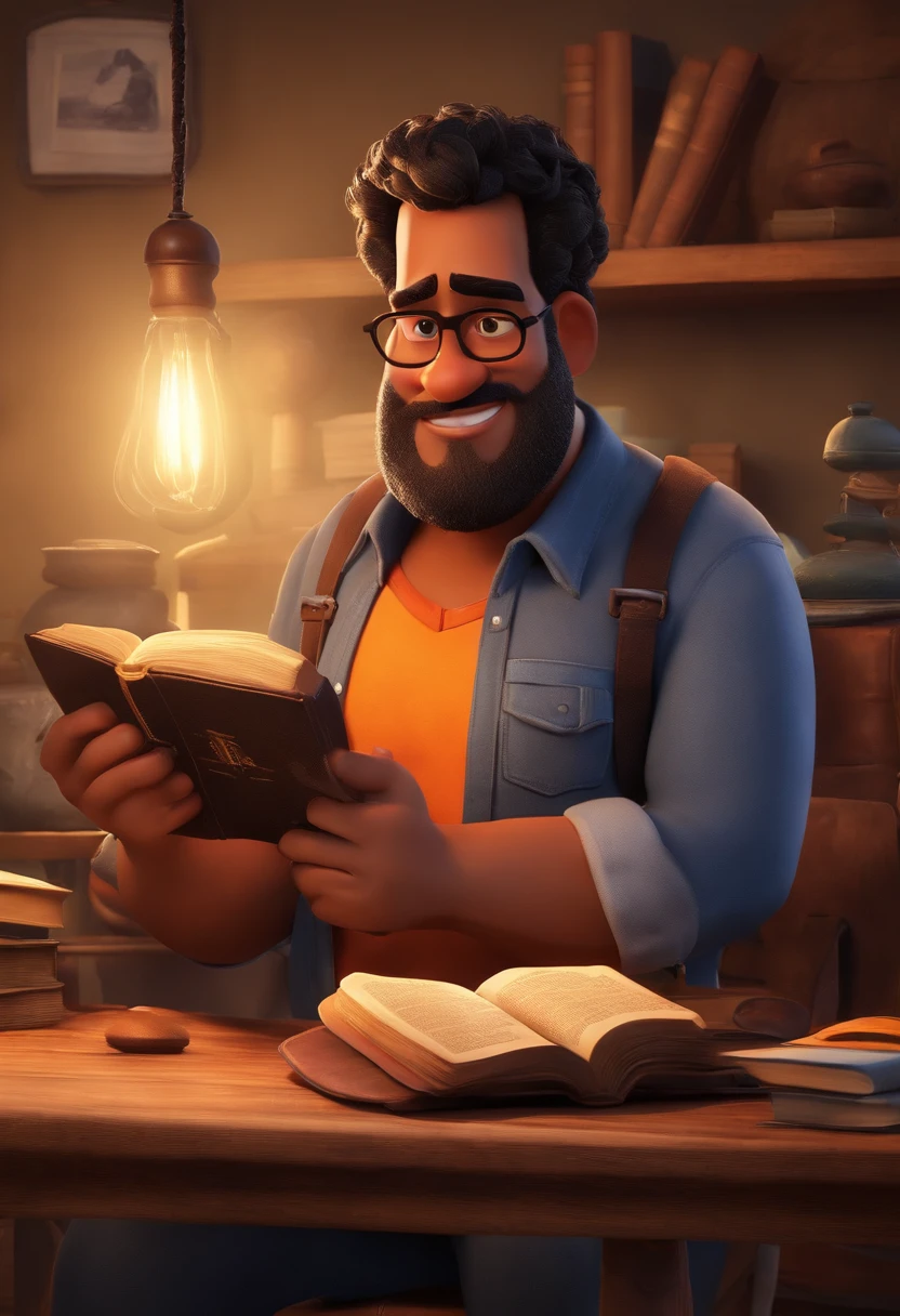 personagem dos desenhos animados pixar de um homem moreno gordinho bochechudo com camisa jeans e camisa preta aberta, With a Bible in his right hand, animation character