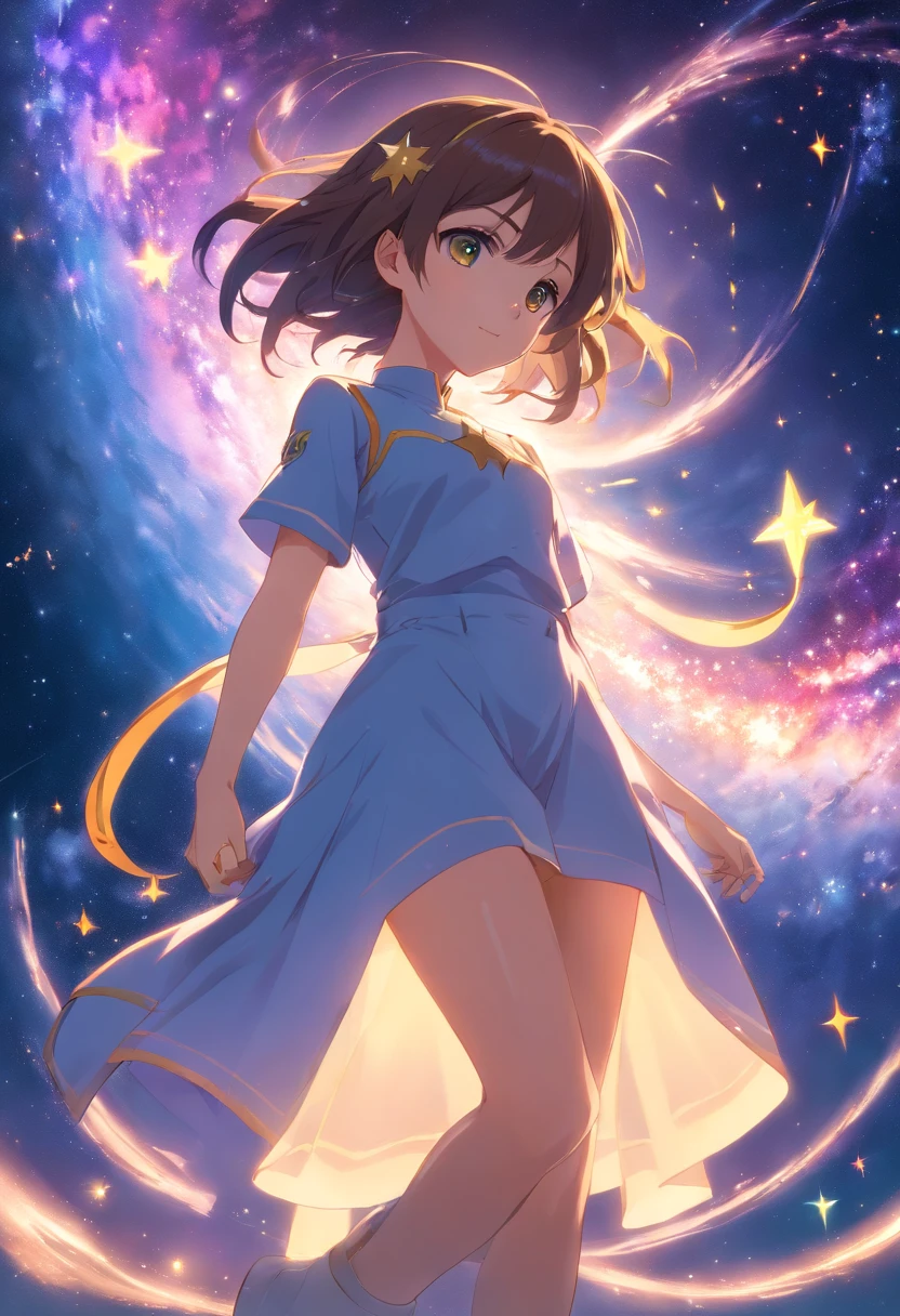 uma mulher, cabelo marejado, olhos vermelhos, sorrir, Asas de Anjo, Halo Dourado, vestido branco, standingn, in outer space, Milky Way in the background, estrelas ao longe, parte superior do corpo