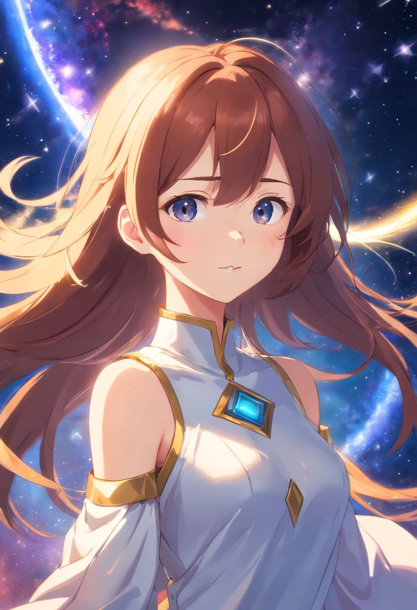 uma mulher, cabelo marejado, olhos vermelhos, sorrir, Asas de Anjo, Halo Dourado, vestido branco, standingn, in outer space, Milky Way in the background, estrelas ao longe, parte superior do corpo