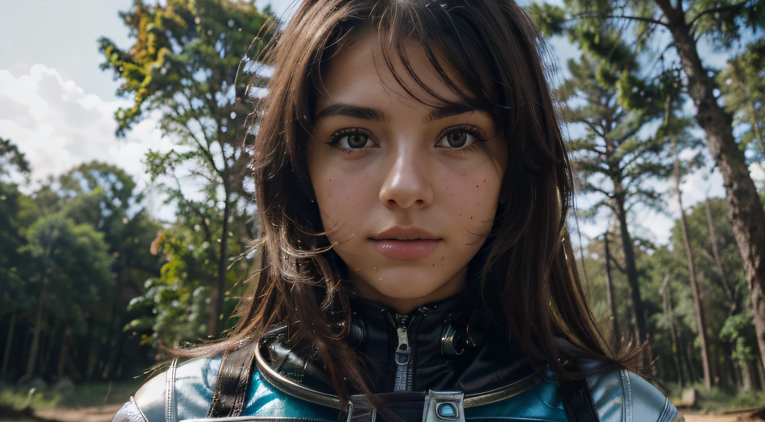 (((hd closeup photo))) one standing argentine girl mikaela Sorin looking at camera in space cadet suit. , in forest.