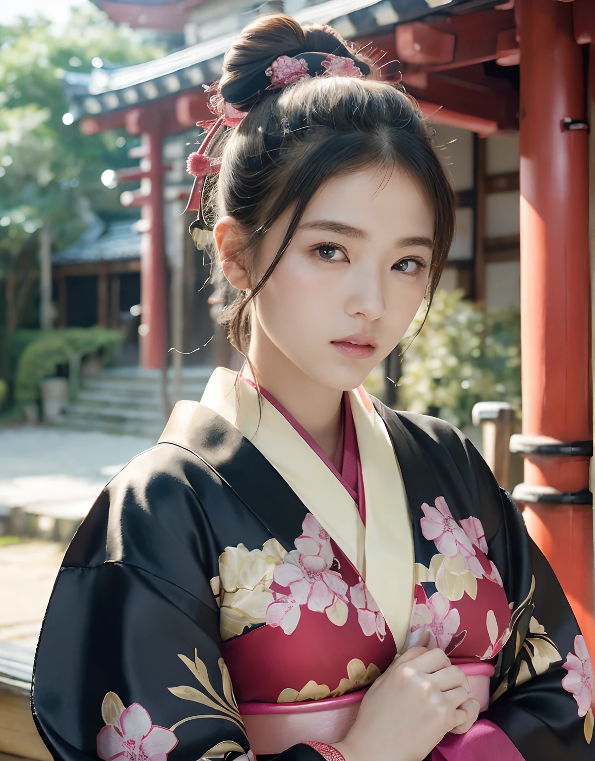 (top-quality、8K、32K、masterpiece、超A high resolution、nffsw:1.3)、(Japan idol:1.3)、1girl in、(Colossal tits:1.25)、(short-hair)、abdominals、the perfect body、((Takan Ninja)), Delicate facial features, Ultra-realistic, Hyper-realistic, 鎖骨、Shadow、octan render、((Wear a beautiful kimono with a high degree of exposure)),hyperdetailed face、Detailed lips、finely eye、二重まぶた、(魅惑的)、((agitation:1.5))、maikurobikini、((Navel))、Armpit、((Female ninja)),Kunoichi Ninja、Throw shurikens、Japan holding a sword、Mystical expression、shrine background、Old Town of Japan、((heavy breasts)),Toostock、mecosuji、Kimono with colorful floral pattern、highcontrast、