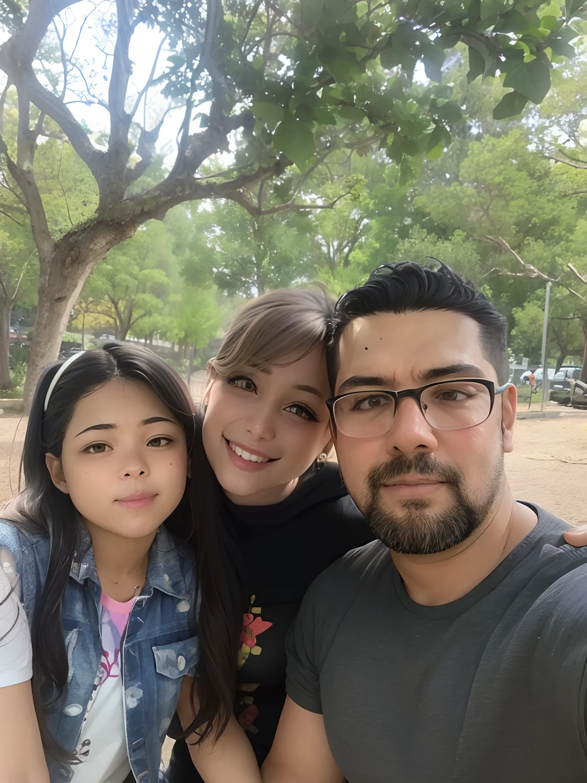 There are two people and a girl sitting under a tree, imagem de perfil, Lorena Avarez, of a family standing in a park, 3 0 anos de idade mulher, Mulher de 30 anos, foto de perfil, em um parque, em frente a um fundo de floresta, Alanis Guillen, Karla Ortiz, foto do perfil, Fotografia selfie 8k, Parque em segundo plano