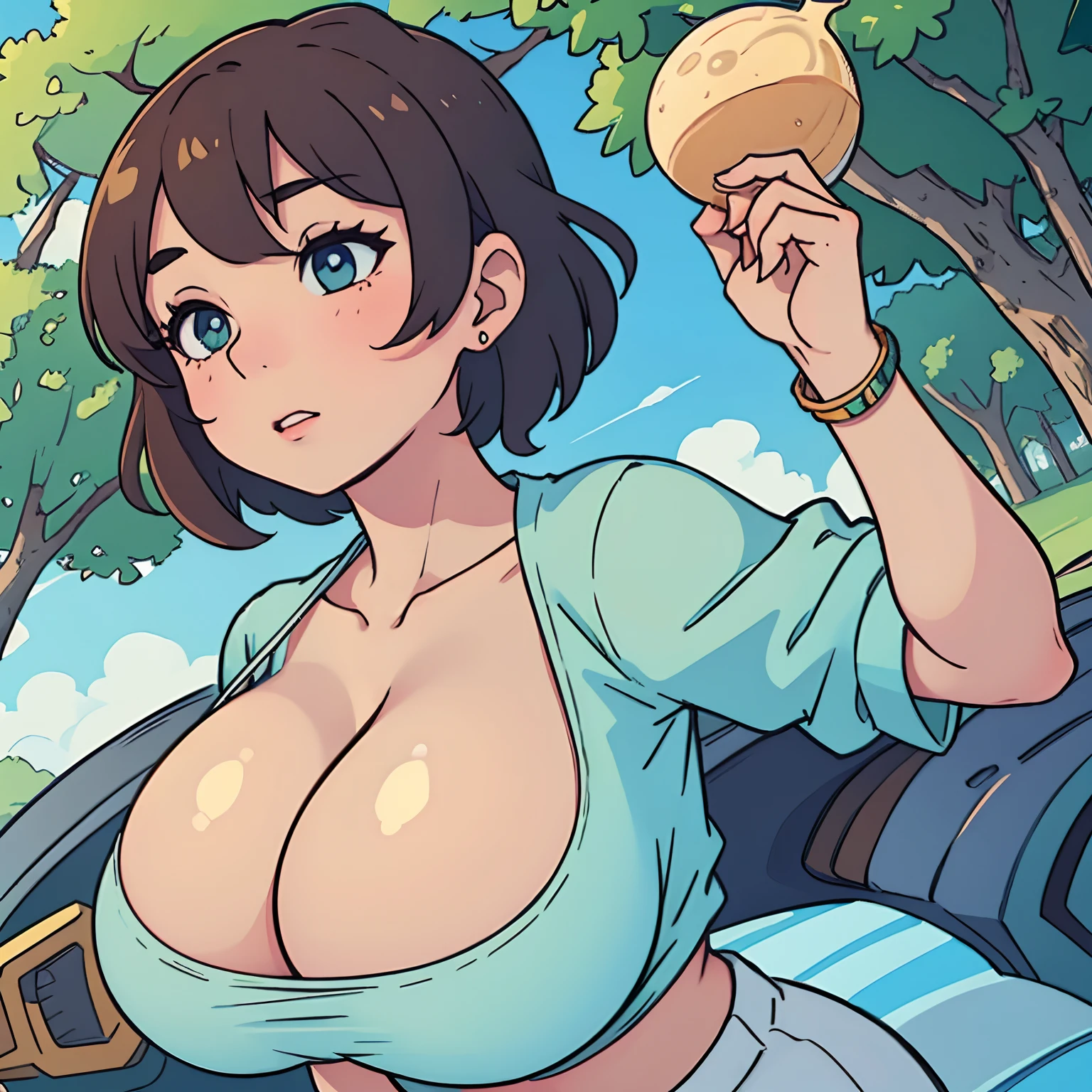 Girl, at park, short hair, massive breasts, large breasts, gigantic breasts, perfect anatomy, illustration, trending on algorithm