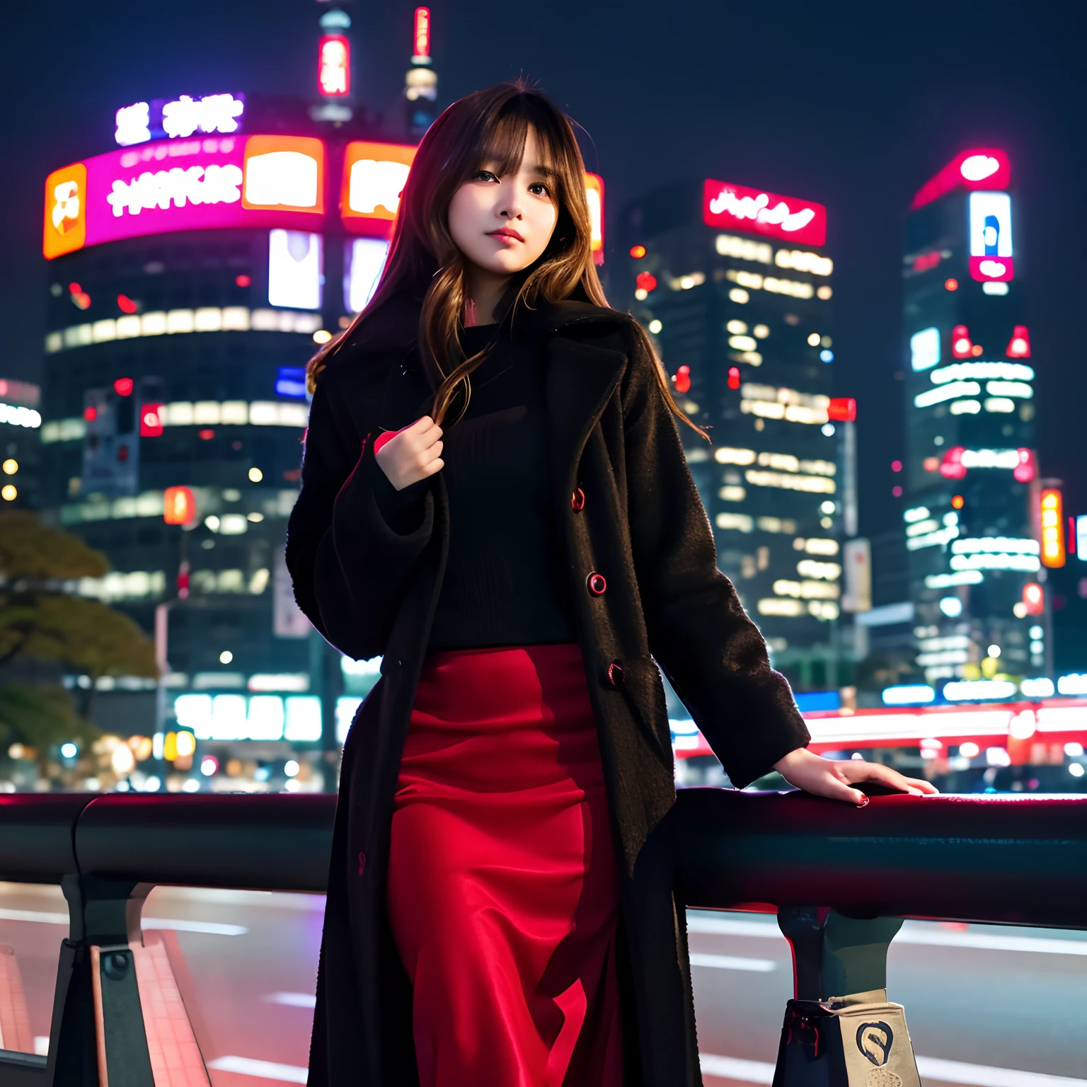 Best quality, ultra detailed, bad girl , red long skirt, black long coat, beautiful girl, sexy poses, bye cycle, night city, Tokyo