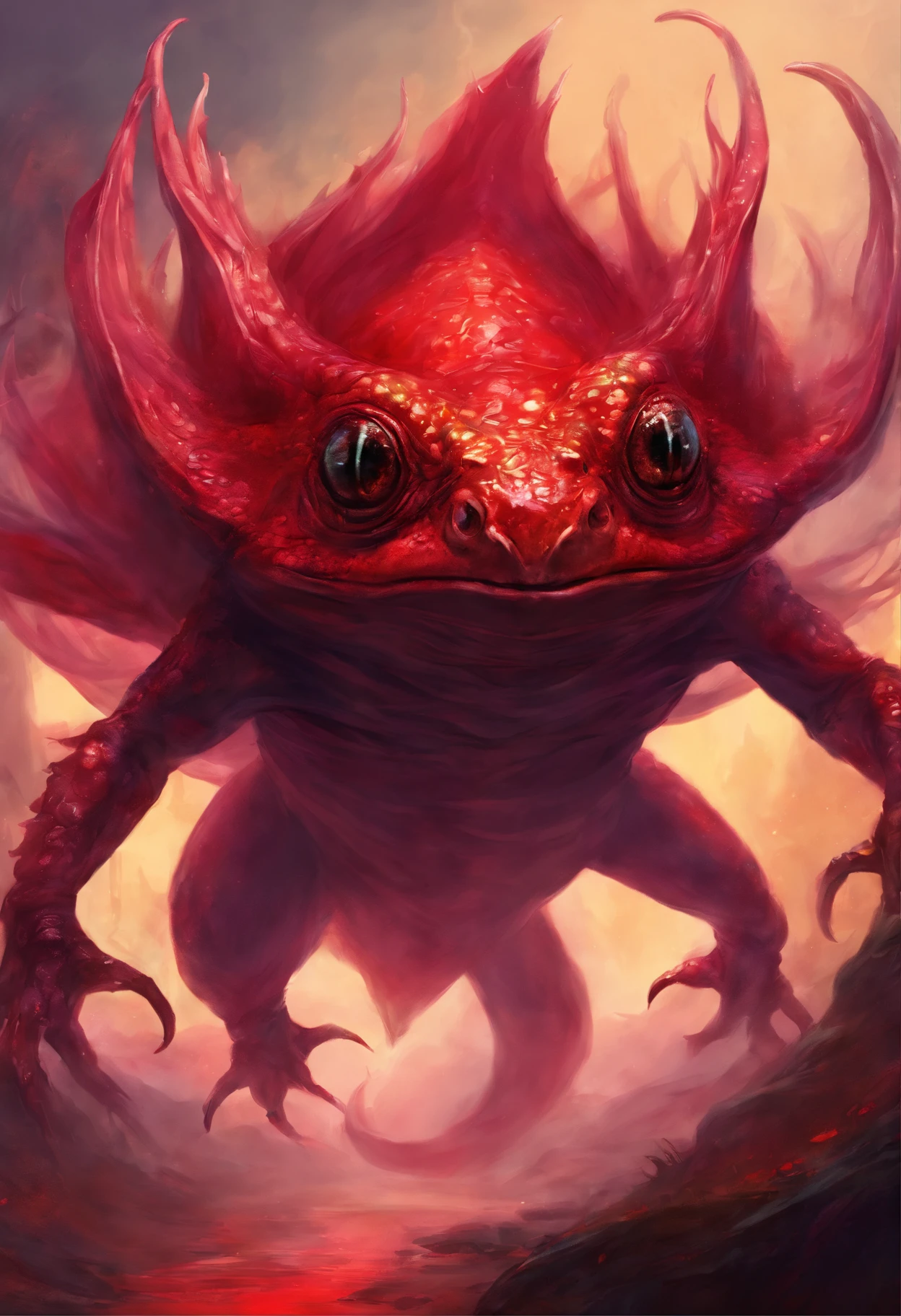 Blood Toad - Deep crimson all over, sprouts short horns from its forehead. Likes the taste of fresh blood, its croaks are low and gurgling. Can spit acid that burns through flesh and bone.
