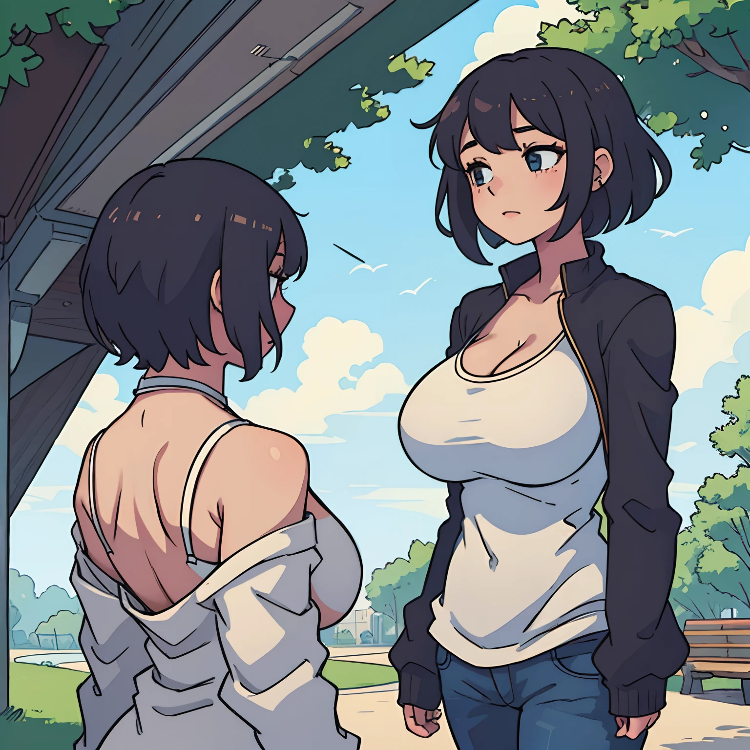 Girl, at park, short hair, massive breasts, large breasts, gigantic breasts, perfect anatomy, illustration, trending on algorithm