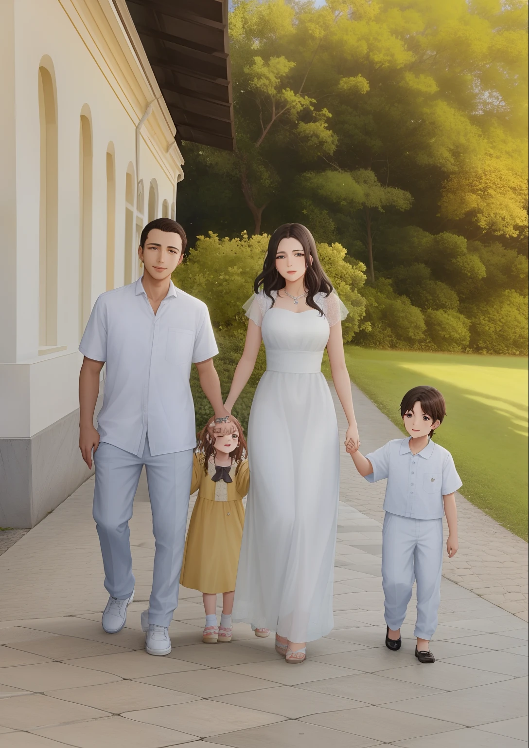 Araffe family walking down a sidewalk holding hands, Malika Favre, marido esposa e filho, Directed by: Nandor Soldier, foto 85mm, imagem retrato, by Almeida Júnior, family photography, 7 0 mm portrait, of a family standing in a park, Happy family, inspirado em Samuel Silva, fami, andrea rocha