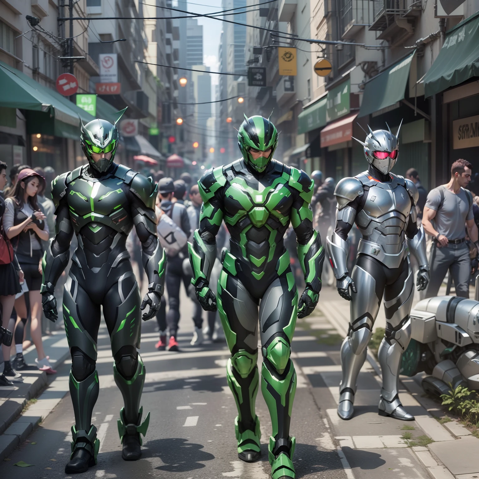 Green Rider, silver armor, Gray and black clothes, Green Tech Suit, secret agent, roboto