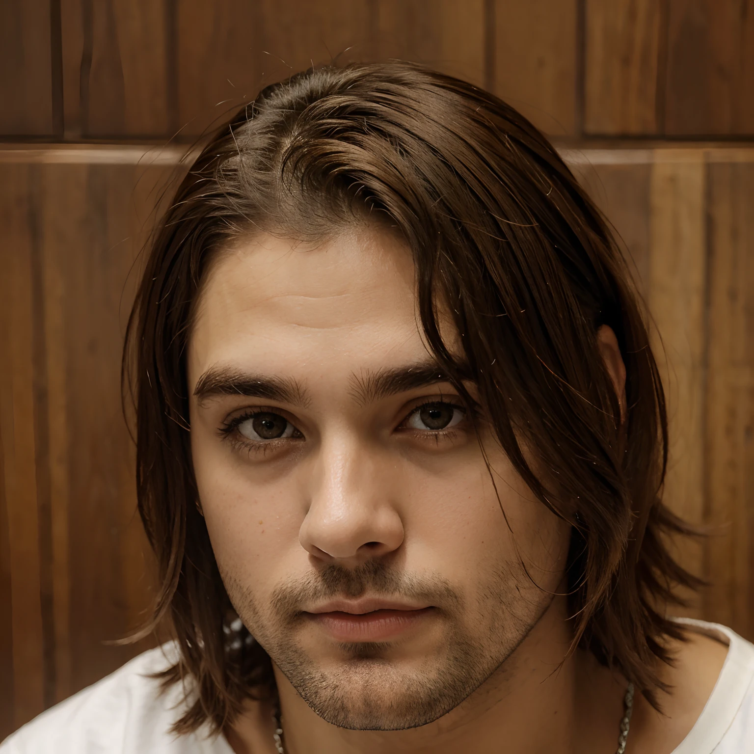 Um cara moreno de cabelo curto espetado meio gordinho olhos castanhos