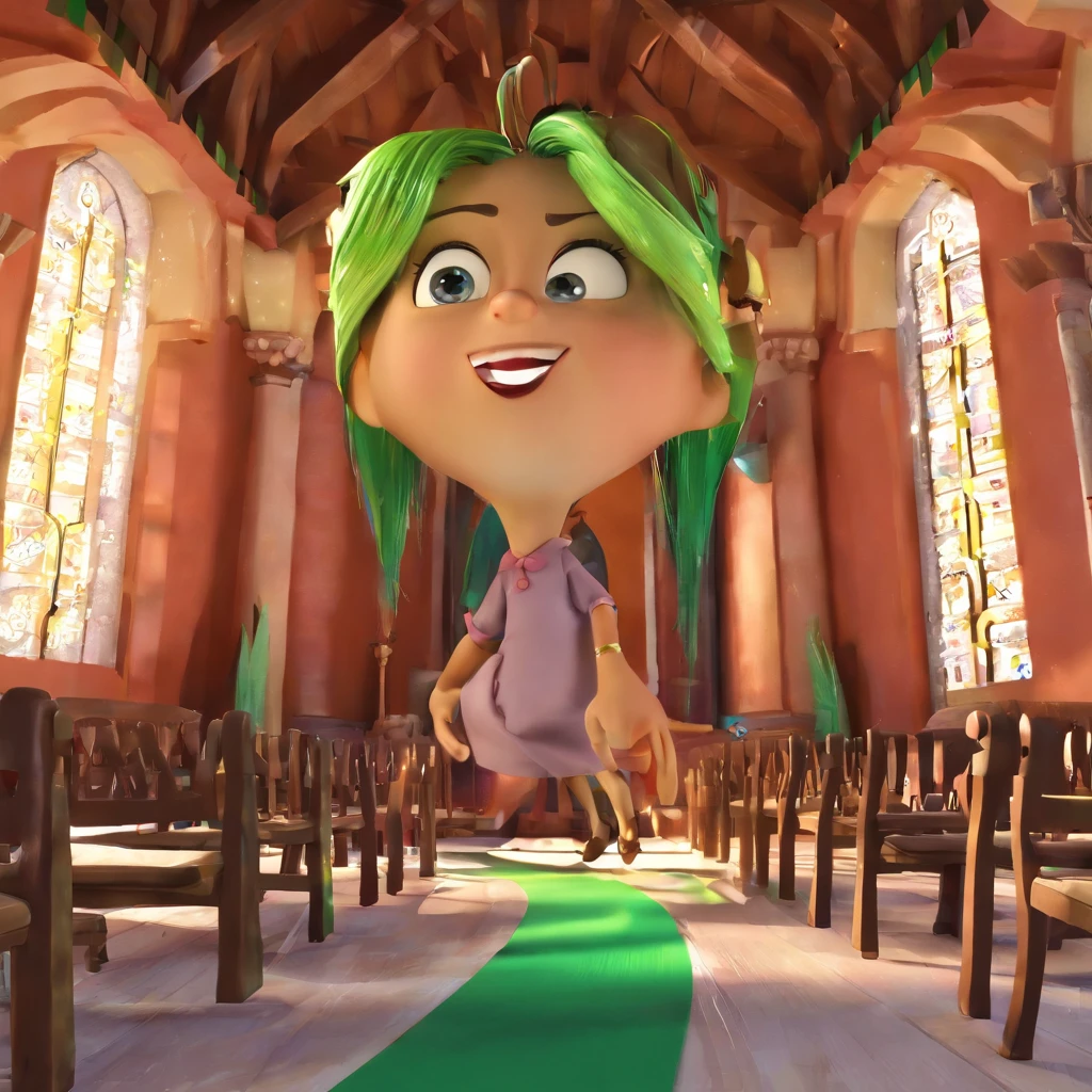 create a 3D movie poster inspired by Disney Pixar, The scene should be in Pixar's signature digital art style, com uma imagem caricata representando uma cantora na igreja, vestida de vestido verde , cabelos castanho com mechas , Brown eyes and with a microphone in his hand. A cena acontece numa igreja