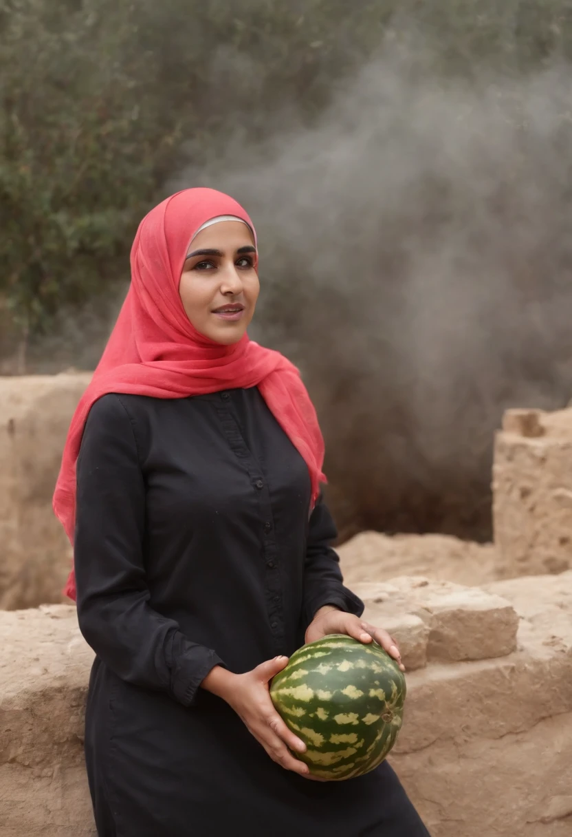 PLEASE MAKE A CARTOON ANIMATION OF PALESTINIANS ATTACKING ISRAEL WITH WATERMELON! IN VIDEO FORM. Cartoon man wearing a turban and woman wearing a hijab, typical Palestinian cartoon face and attacking Israel with a watermelon. A bomb warfare tool that replaces bombs with watermelons. IN VIDEO