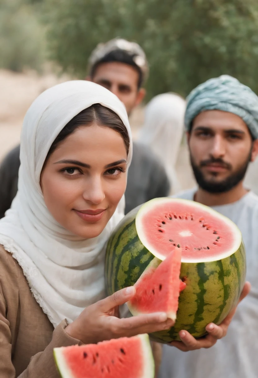 PLEASE MAKE A CARTOON ANIMATION OF PALESTINIANS ATTACKING ISRAEL WITH WATERMELON! IN VIDEO FORM. Cartoon man wearing a turban and woman wearing a hijab, typical Palestinian cartoon face and attacking Israel with a watermelon. A bomb warfare tool that replaces bombs with watermelons. IN VIDEO