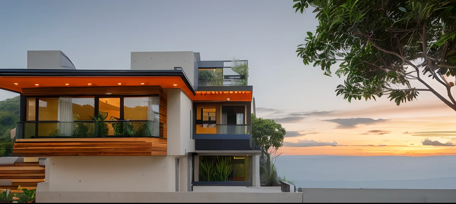 exterior contemporary house in the sunrise, ((halfway up the tropical hill)), cladding stone mix with nature wood material, glass rail, plants on balcony, glasses window, nice landscape with tropical trees and plants, green grass,navy blue and orange color scheme,