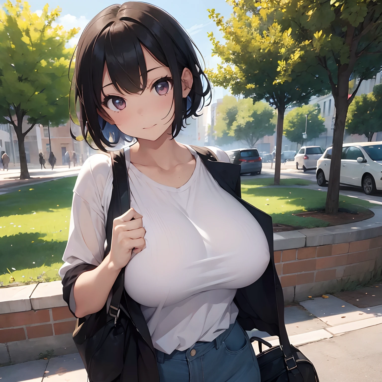 Girl, at park, short hair, massive breasts, large breasts, gigantic breasts, perfect anatomy, illustration, trending on algorithm