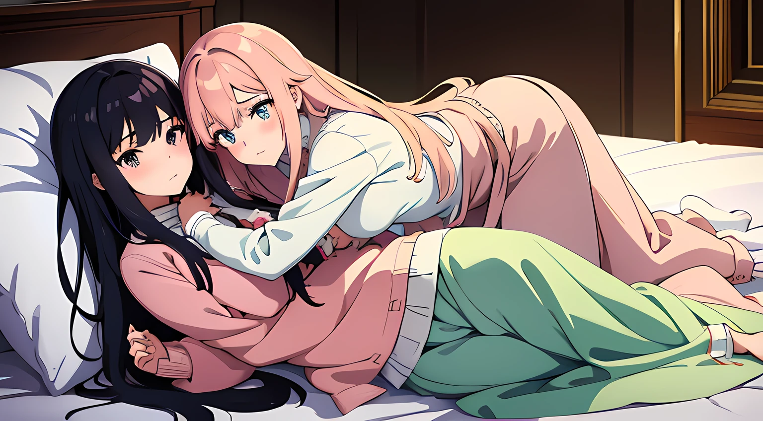 2 girls, (beautiful eyes finely detailed, long hair with different colors), wearing different outfit, laying down in bed, hugging each ohter, teasing facial expression, looking at the camera, blush on their face, master piece, sidelighting, top-quiality, detailed, full body photos, High Resolution anime illustration