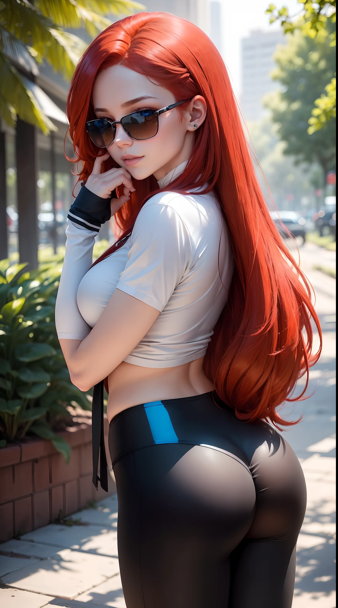 1 girl, masterpiece, (highest quality), solo focus, perfect face (1:1), (god rays) (((has long, bright red hair)), ((has detailed blue eyes)), is standing on her tiptoes, is wearing tight transparent black yoga pants, (has a beautiful ass), has a perfect athletic body, is wearing a white shirt with a tie, is outside in a lit park in the day, is subtly smirking, has her right hand covering her mouth, is wearing sunglasses, is carrying a phone