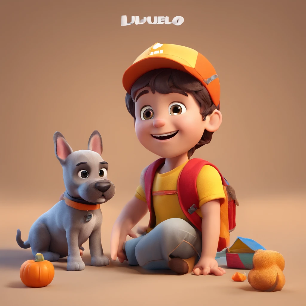 Lucas is a smiling 5-year-old human boy, com seu fiel amigo, Bolt, o cachorro schnauzer, deitados no jardim