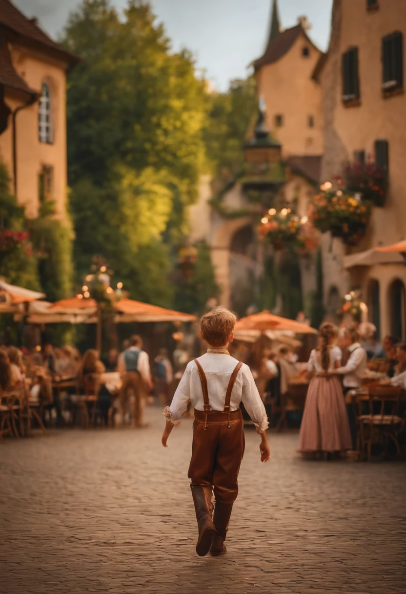 Um filme inspirado na Disney Pixar( A group of boys in typical leather clothes and girls in dirndl costumes dancing in a square in southern Germany) dentro A cena estar na arte distinta do estilo PIXAR, alegres e vibrantes. ter um letreiro escrito "ALTE HEIMAT"