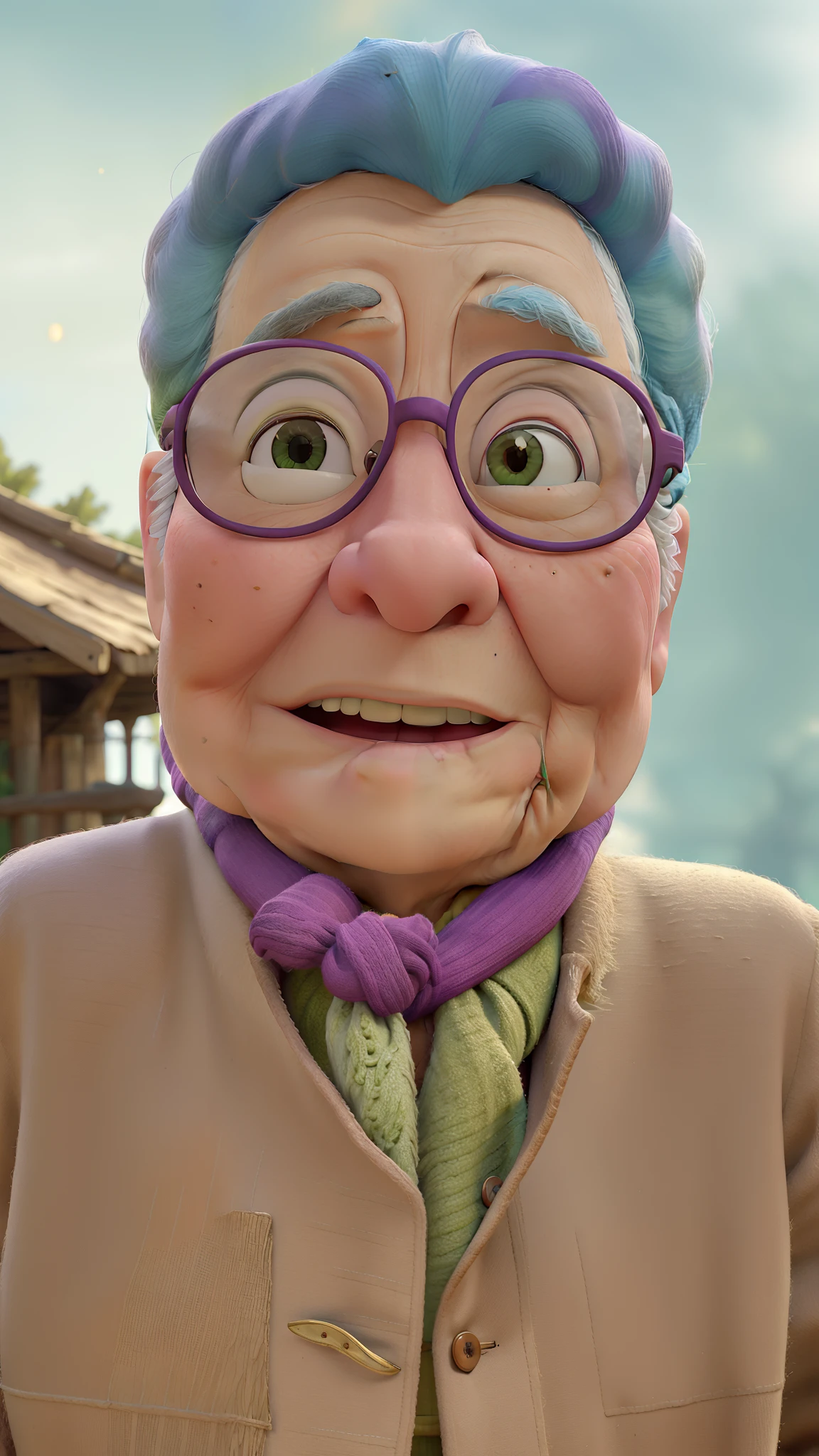 masterpiece, best quality, an old woman with glasses and a scarf on, wearing a purple coat and green scarf, standing at the park