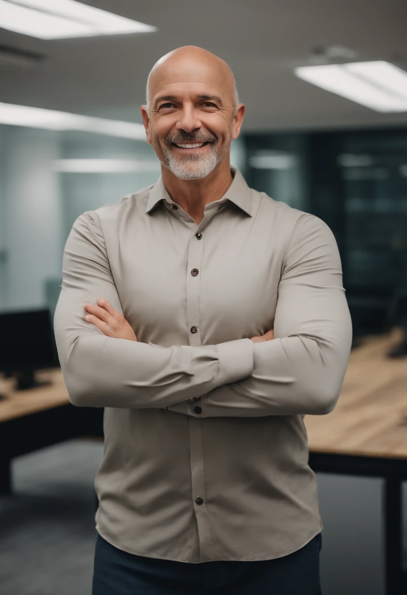 obra-prima, melhor qualidade, Portrait of mid successful adult bald mature white man looking at camera with arms crossed. Smiling Brazilian businessman standing in new office. Retrato de homem maduro.