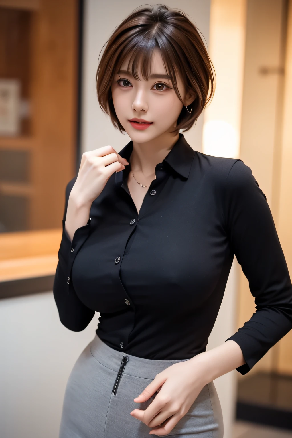(Raw photo, Best Quality), (Realistic, Photorealsitic:1.3), masutepiece, extremely delicate and beautiful, Extremely detailed, nffsw, Unity , 2k wallpaper, amazing, finedetail, lightsmile, Highly detailed ticker Unity 8k wallpaper, hugefilesize, Ultra-detailed, hight resolution, absurderes, Soft light, (((Short hair:1.3), short length bangs, Floating Hair NovaFrogStyle)), Beautiful detailed woman, Detailed fingers, extremely detailed eye and face, beautiful detailed nose, Beautiful detailed eyes, long eyelashes, Light on the Face, (Closed mouth:1.2), Mature Face, (Cowboy Shot:1.3), (large full breasts), Realistic face, Realistic body, Beautiful detailed thighs, (Urzo-6500-V1.1:0.8), Business Suit, cross-laced clothes, Collared shirt, Open your clothes, in a office, Detailed Office, open cardigan, thighs thighs thighs thighs, Miniskirt, Black underwear, Unbuttoned shirt