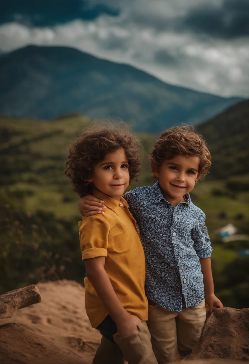 : Miguel, aproximadamente 5 anos de idade, cabelo curto estilo Disney, olhos castanhos e sorrisos. garota: Giovana, 2 anos, longos cabelos pretos e olhos azuis. scenecy: Miguel and Giovana are in a cozy little house in the valley, ao fundo um dia ensolarado, Destacando o Sol.