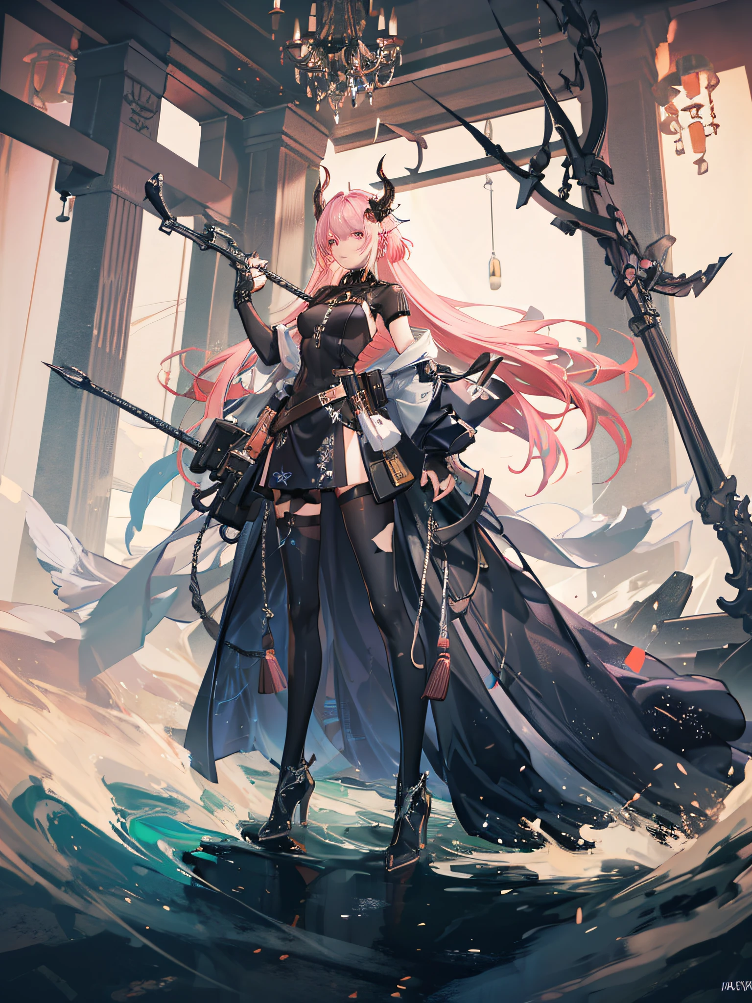 A girl with her head slightly down, her face is very angry, big pink eyes, moving hair, long sideburns, curled horns, final boss clothes, walking on water, ripples where she steps, pose of possession, entire body, {extremely detailed 16k CG unit wallpaper}, expansive landscape photography, (a low view focusing on the character and setting), (wide open field view), (low angle shot), (high light : 1.5), (low light: 1.4), (warm light source: 1.4), complex details, (iridescent colors: 1.8), (bright lighting), (atmospheric lighting), Dreamy, cinematic, unique