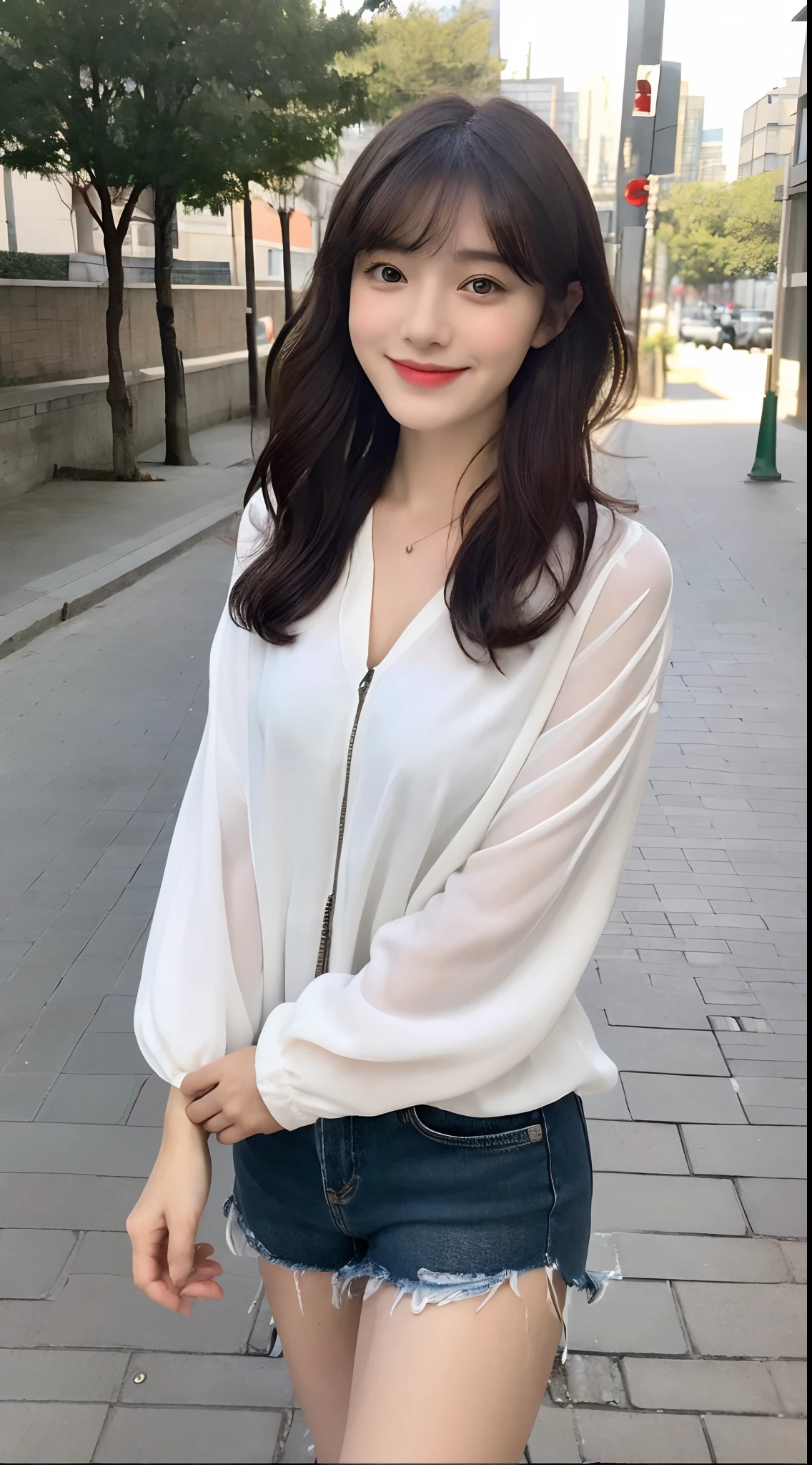 (8K、top-quality、masterpiece:1.2)、(realisitic、Photorealistic:1.9)、(A smile:0.2)、medium breasts、beautifully detailed eyes、(a pixie cut、(独奏:1.8)、(looking at viewert:1.3)、Hair on damp hair、Smiling on a quiet street in the park、Dark hair、Loose curly hair,、Light bangs、I have bangs、Beautiful dark-haired woman in her 20s。Insanely cute in the world.、It has a sophisticated atmosphere。Walking on the white sidewalk