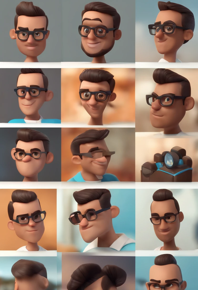 Cartoon character of a man with black glasses, cabelo cacheado marrom escuro e uma camisa azul, animation character, Caractere estilizado, animation style rendering, 3D estilizado, Arnold Maya render, 3 d render stylized, toon render keyshot, Personagem 3D, Personagem 3D, 3d rendering stylized, 3 d character render, personagem de desenho animado, Personagem de close up, Pose de personagem, (Estilo Pixar) (master part:1.2) (Bokeh) (best quality) (pele detalhada) (textura detalhada) (8k) (argila) (Cinematic lighting) (foco nítido