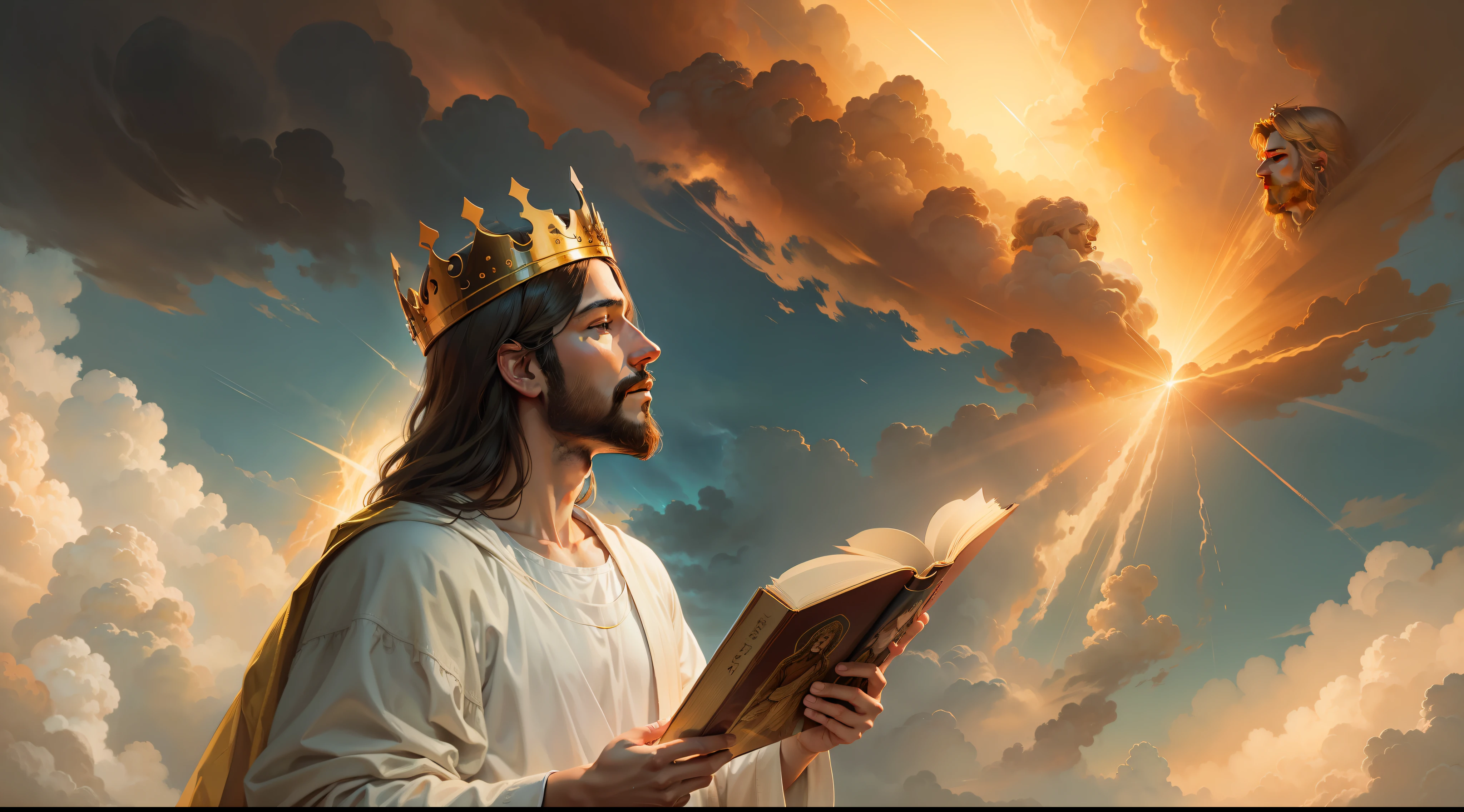 [a realistic painting of Jesus in profile reading a book with a golden crown amid the clouds of the sky catching fire]