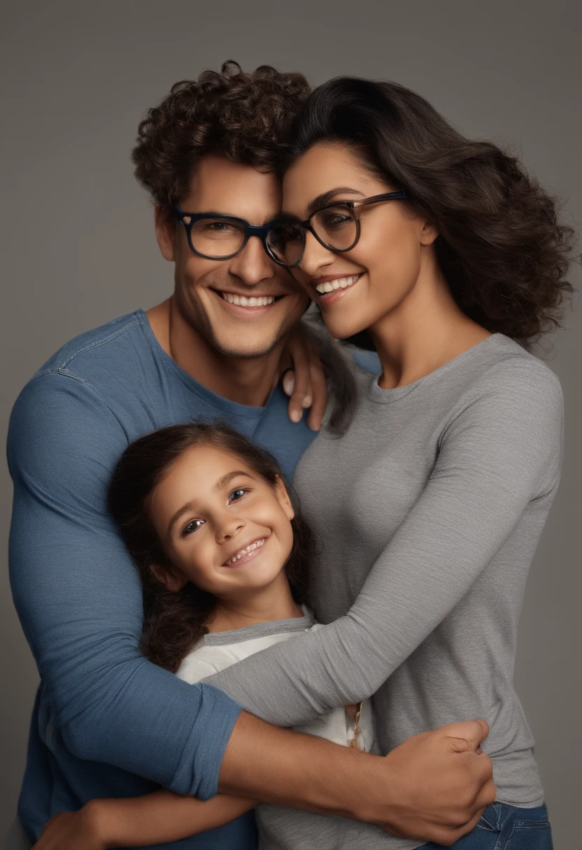 Pixar. Casal com um filhote de cachorro pincher. A menina tem os cabelos loiros amarrados, Camiseta cinza e jeans claro, white glasses. O menino de cabelos pretos com cabelos grisalhos, pele morena, Dark blue jeans and gray t-shirt. They are both smiling and are 30 years old