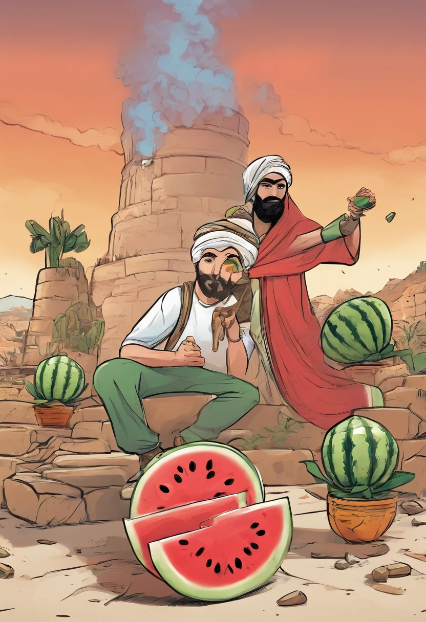PLEASE MAKE A CARTOON ANIMATION OF PALESTINIANS ATTACKING ISRAEL WITH WATERMELON! IN VIDEO FORM. Cartoon man wearing a turban and woman wearing a hijab, typical Palestinian cartoon face and attacking Israel with a watermelon. A bomb warfare tool that replaces bombs with watermelons. IN VIDEO
