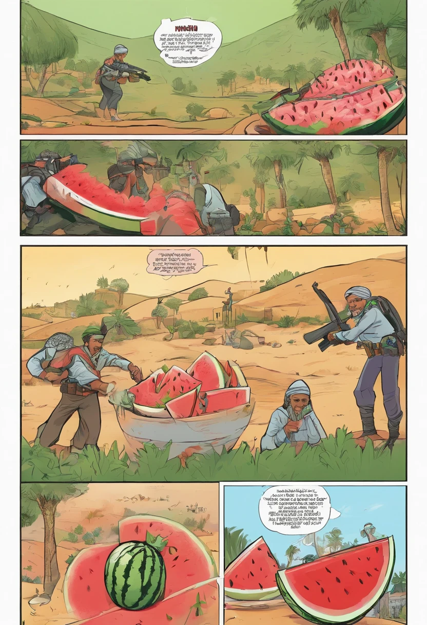 PLEASE MAKE A CARTOON ANIMATION OF PALESTINIANS ATTACKING ISRAEL WITH WATERMELON! IN VIDEO FORM. Cartoon man wearing a turban and woman wearing a hijab, typical Palestinian cartoon face and attacking Israel with a watermelon. A bomb warfare tool that replaces bombs with watermelons. IN VIDEO