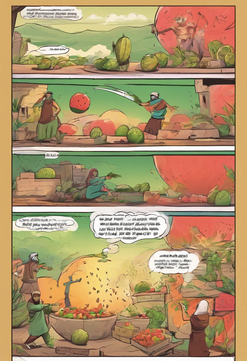 PLEASE MAKE A CARTOON ANIMATION OF PALESTINIANS ATTACKING ISRAEL WITH WATERMELON! IN VIDEO FORM. Cartoon man wearing a turban and woman wearing a hijab, typical Palestinian cartoon face and attacking Israel with a watermelon. A bomb warfare tool that replaces bombs with watermelons. IN VIDEO
