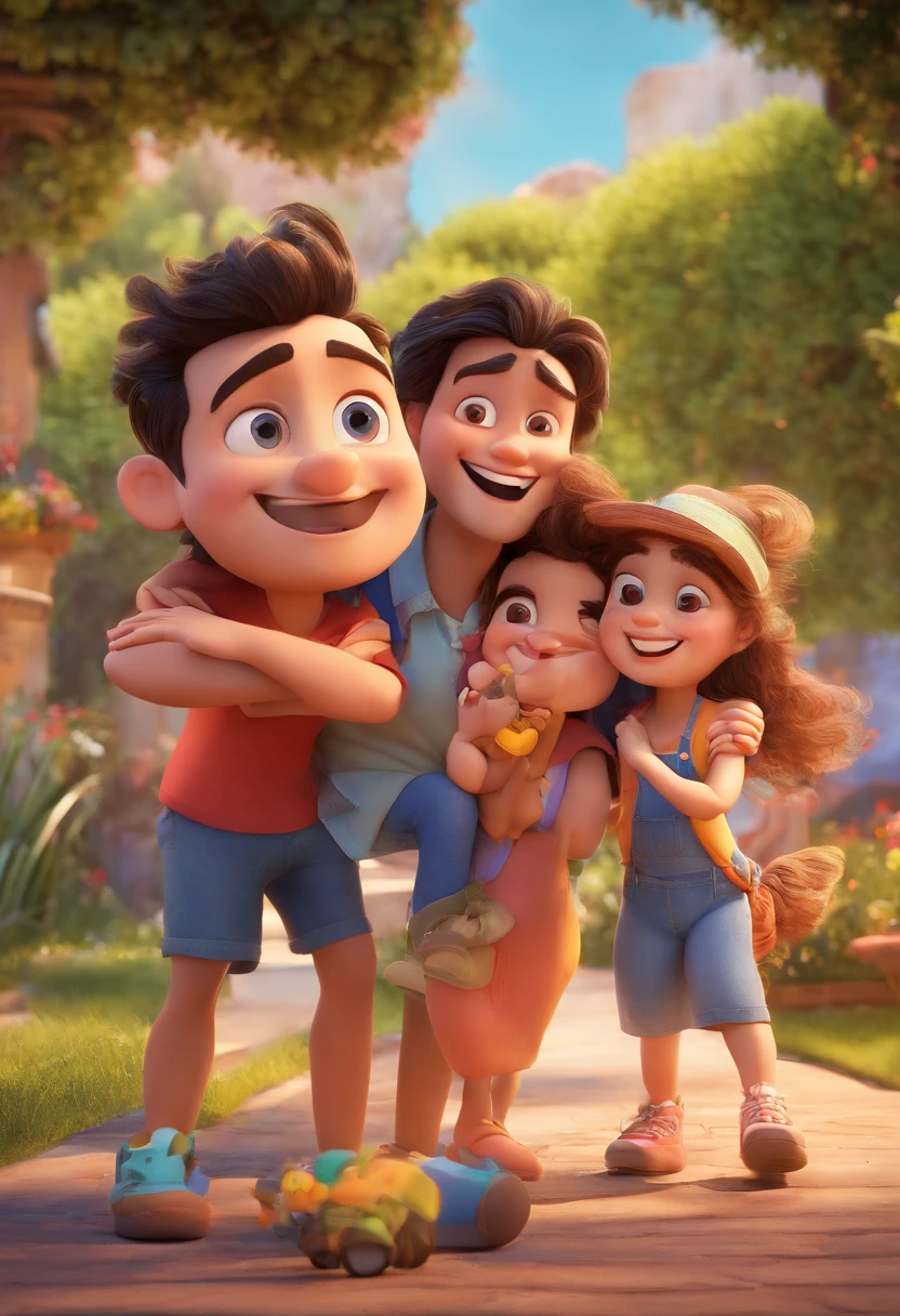 Disney Pixar Movie Poster 3D Style Family Having Fun On Vacation Together, um homem adulto moreno gordinho sem barba, A  girl resembling adult man with dark hair, uma mulher ruiva, uma jovem de cabelo castanho de franja