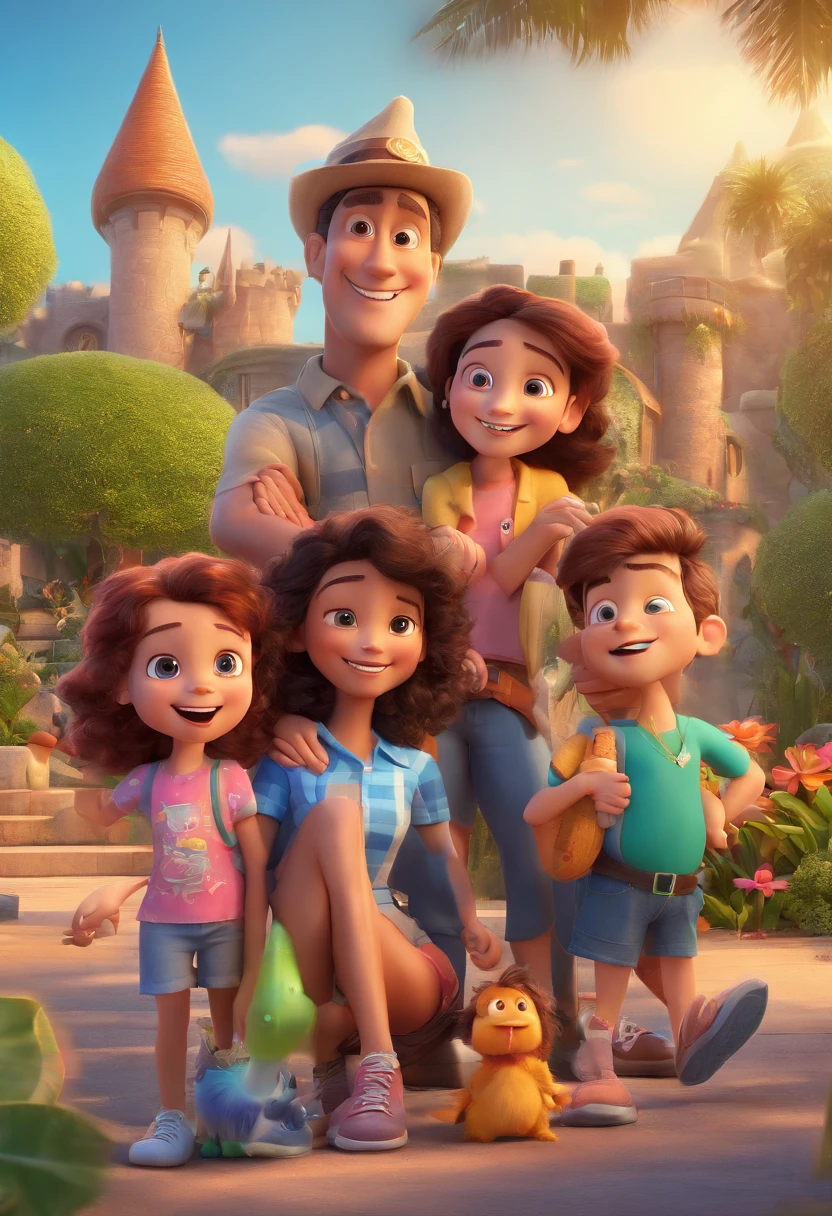 Disney Pixar Movie Poster 3D Style Family Having Fun On Vacation Together, um homem adulto moreno gordinho sem barba, A girl resembling adult man with dark hair, uma mulher ruiva, uma jovem de cabelo castanho de franja