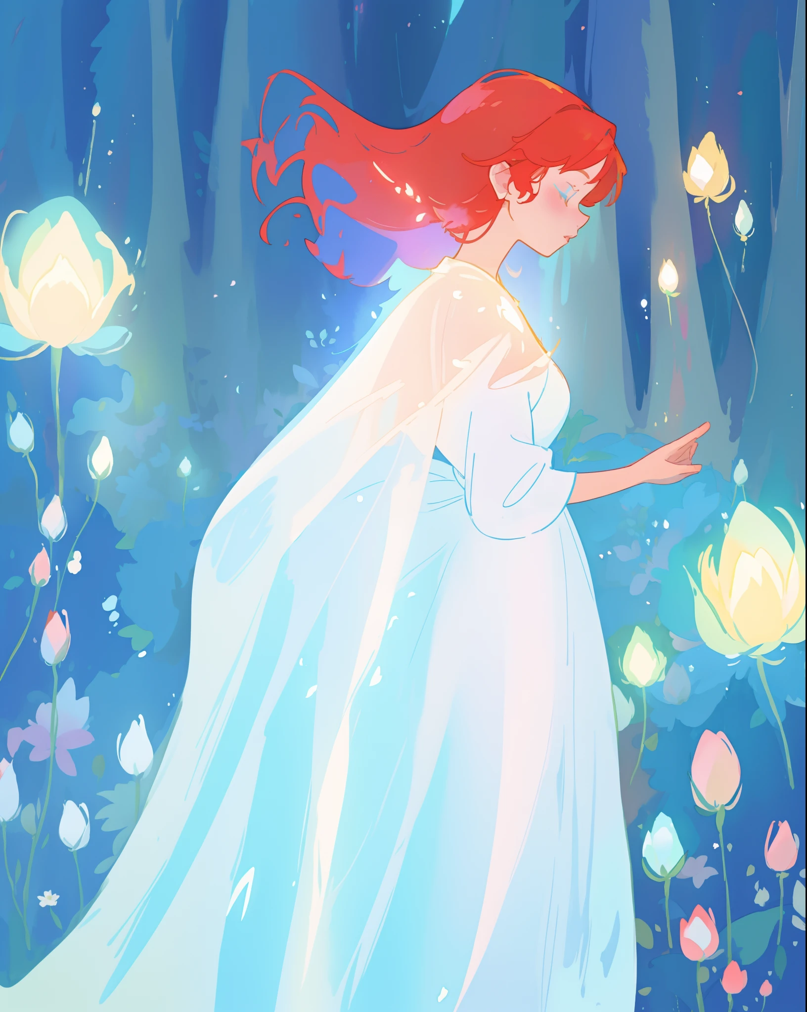 beautiful girl in glowing white ballgown, blue and gold forest and flowers background, flowing red hair, watercolor illustration, flowers and colorful plants, disney art style, glowing aura around her, glowing lights, beautiful digital illustration, fantasia otherworldly landscape plants flowers, beautiful, masterpiece, best quality, anime disney style