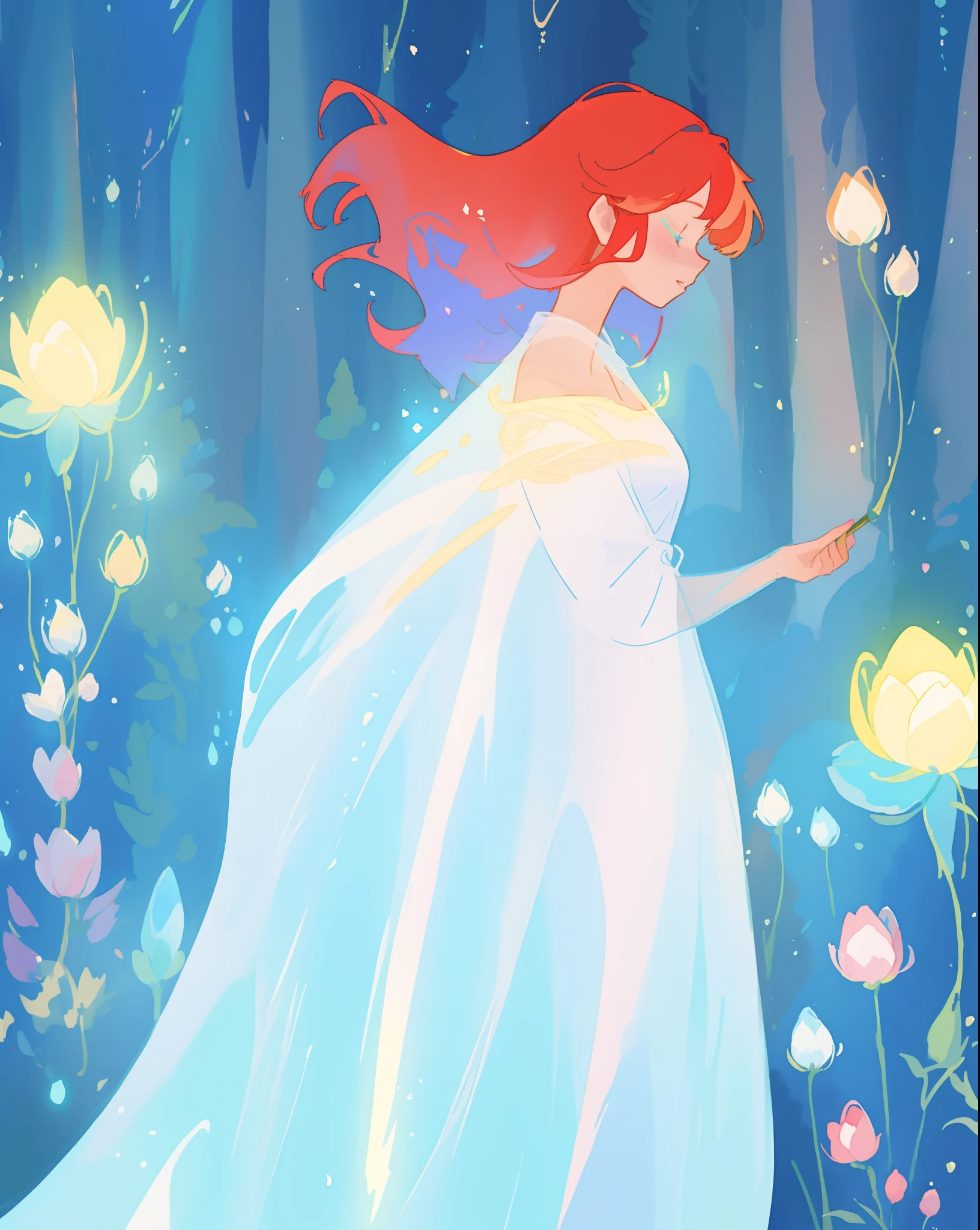 beautiful girl in glowing white ballgown, blue and gold forest and flowers background, flowing red hair, watercolor illustration, flowers and colorful plants, disney art style, glowing aura around her, glowing lights, beautiful digital illustration, fantasia otherworldly landscape plants flowers, beautiful, masterpiece, best quality, anime disney style