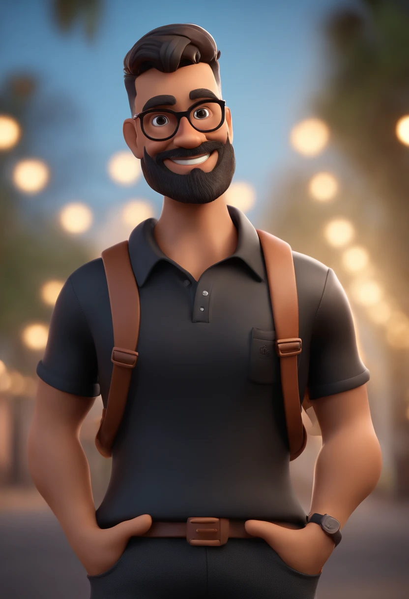 Cartoon character of a man with black glasses and a black polo shirt, cabelo liso, With beard and old school tattoo on his arm, SORRIDENTE E BONITO, animation character, Caractere estilizado, animation style rendering, 3D estilizado, Arnold Maya render, 3 d render stylized, toon render keyshot, Personagem 3D, Personagem 3D, 3d rendering stylized, 3 d character render, personagem de desenho animado, Personagem de close up, Pose de personagem,  (Estilo Pixar) (master part:1.2) (Bokeh) (best quality) (pele detalhada) (textura detalhada) (8k) (argila) (Cinematic lighting) (foco nítido