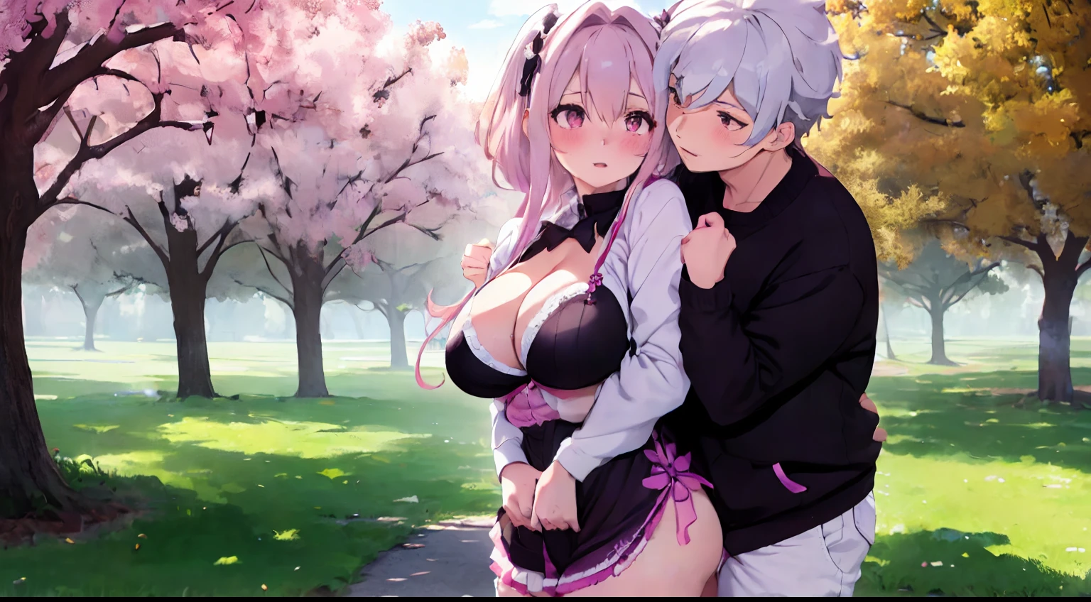 a park with a lot of greenary,fluffy hair,white hair,Purple and white and brown and pink,Autumn outfit,Lower body exposed,Sticking out the buttocks,Raise your butt high and block, insertion ,Aofumi,A large amount of white liquid overflows from the crotch,cum shots,Nipple bumps,The sleeves of the clothes are a little long,You can see cleavage,steam,Moe Sleeve,Multiple people hugging each other,Hugging,- Her legs are grabbed and her crotch is wide open,blushing with embarrassment,AHE Face,Ohoface,Open eyes,I'm glad to drool,Holding hands,Flirting with a body that is in close contact