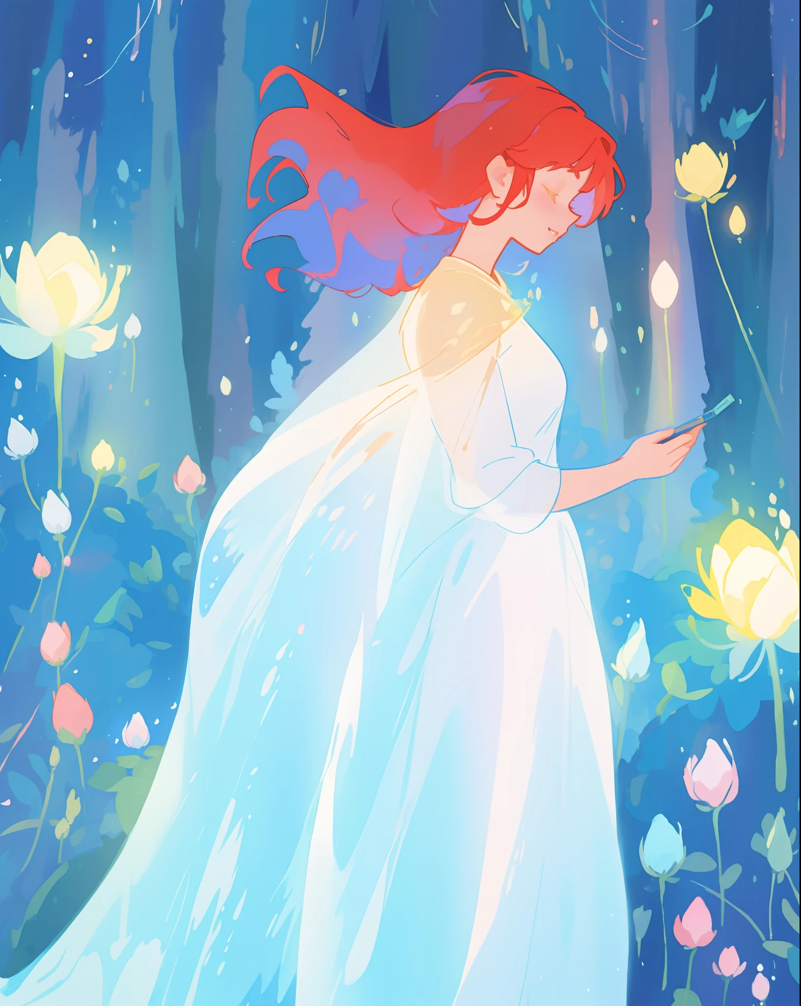 beautiful girl in glowing white ballgown, blue and gold forest and flowers background, flowing red hair, watercolor illustration, flowers and colorful plants, disney art style, glowing aura around her, glowing lights, beautiful digital illustration, fantasia otherworldly landscape plants flowers, beautiful, masterpiece, best quality, anime disney style