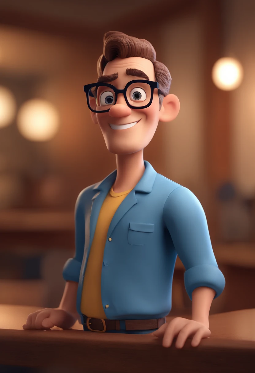 Cartoon character of a man with black glasses and a blue shirt, animation character, Caractere estilizado, animation style rendering, 3D estilizado, Arnold Maya render, 3 d render stylized, toon render keyshot, Personagem 3D, Personagem 3D, 3d rendering stylized, 3 d character render, personagem de desenho animado, Personagem de close up, Pose de personagem, (Estilo Pixar) (master part:1.2) (Bokeh) (best quality) (pele detalhada) (textura detalhada) (8k) (argila) (Cinematic lighting) (foco nítido