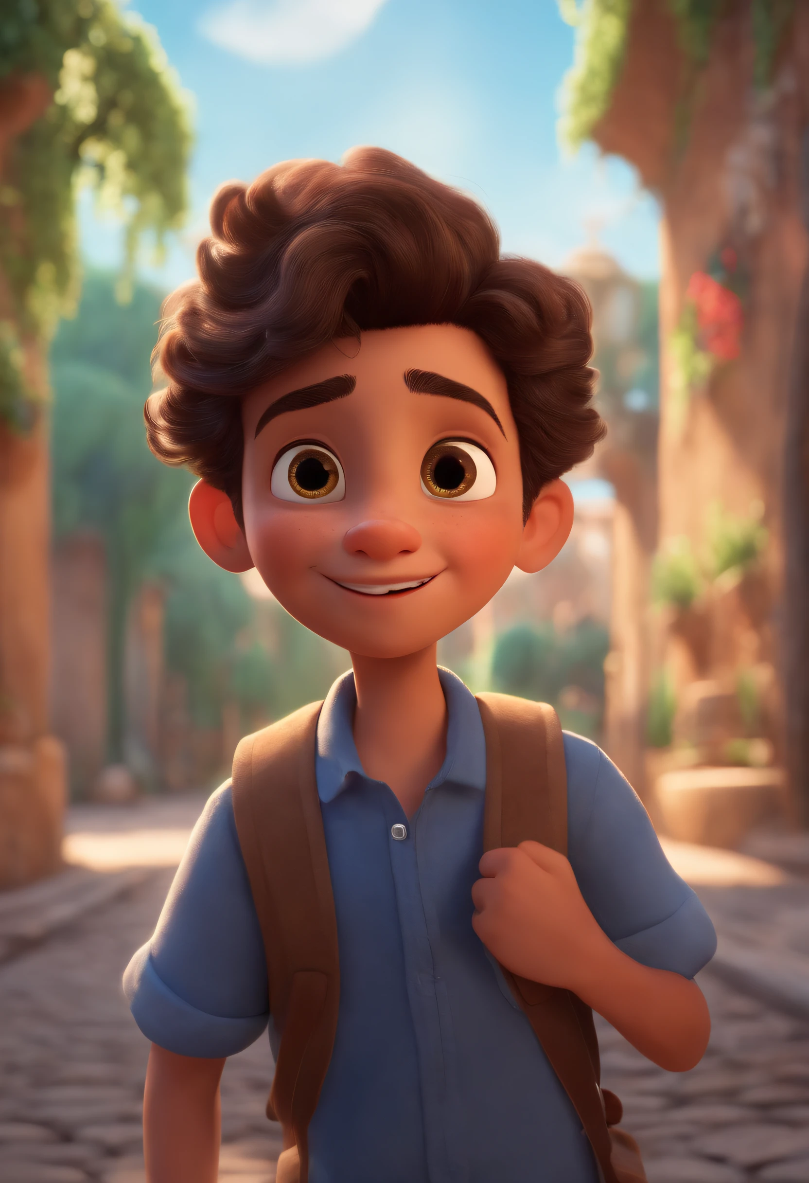 Image of a boy for a story in a YouTube video in Pixar format, He's the little allabester, He's the class leader, He's outgoing, Playful and gets up for a lot of things, cabelo curto