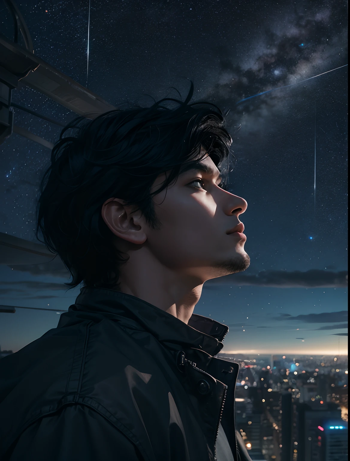 bird's eye view. A man looking up at the night sky. Black hair. He wears modern clothing. 8k quality.